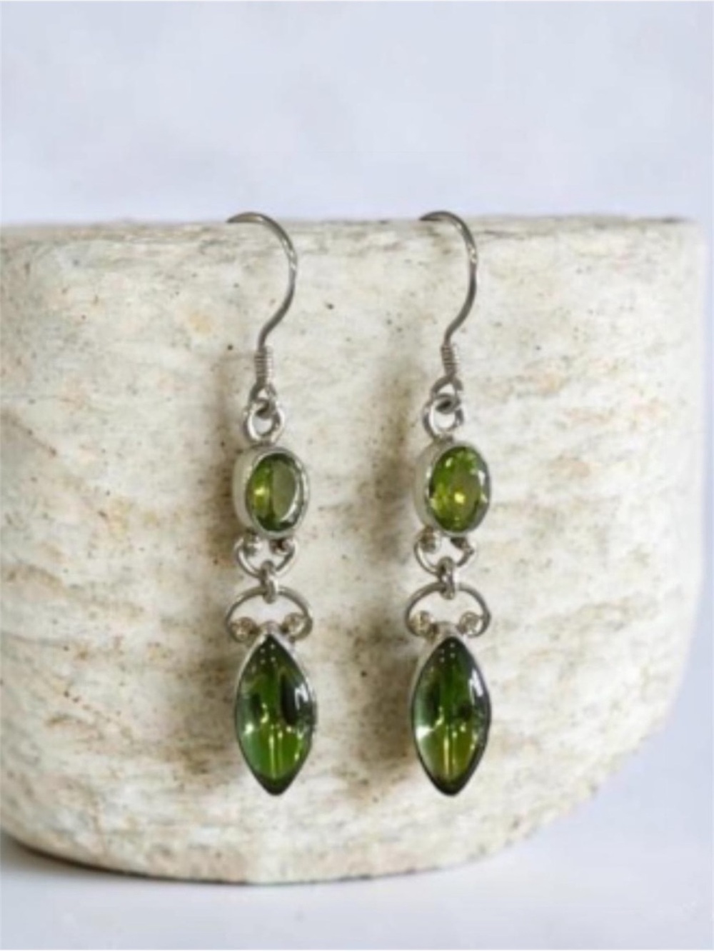Taxco Sterling Silver Olive Green Drop Earrings
